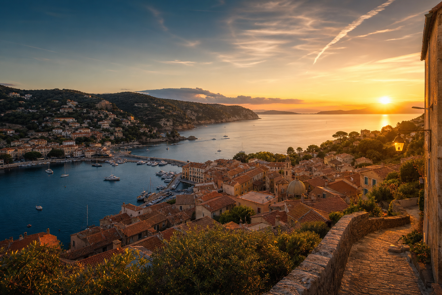 Coastal town at sunset